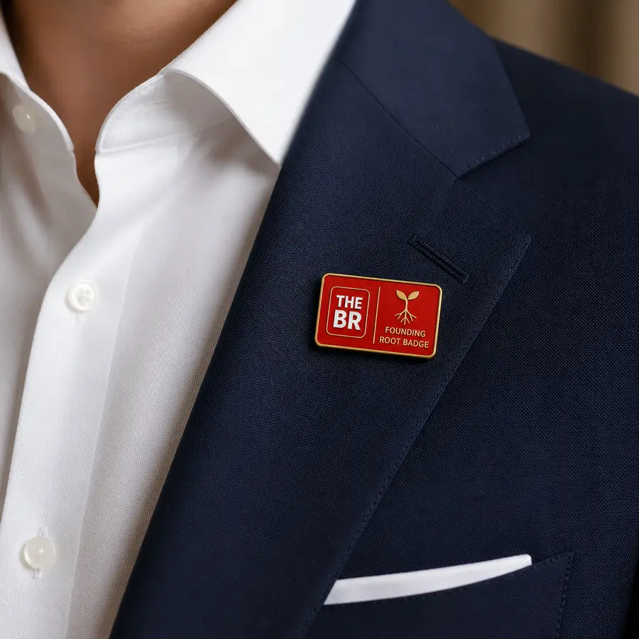 Founding Root Badge worn on a suit lapel