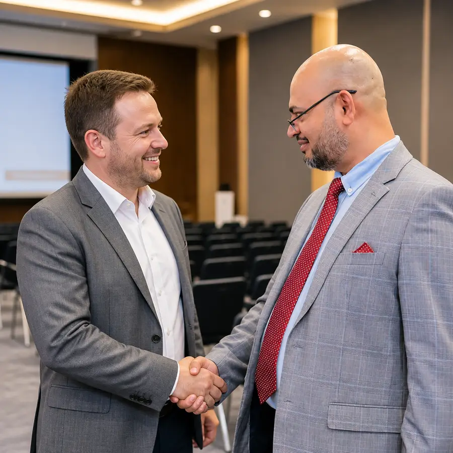 Two members closing a referral with a handshake